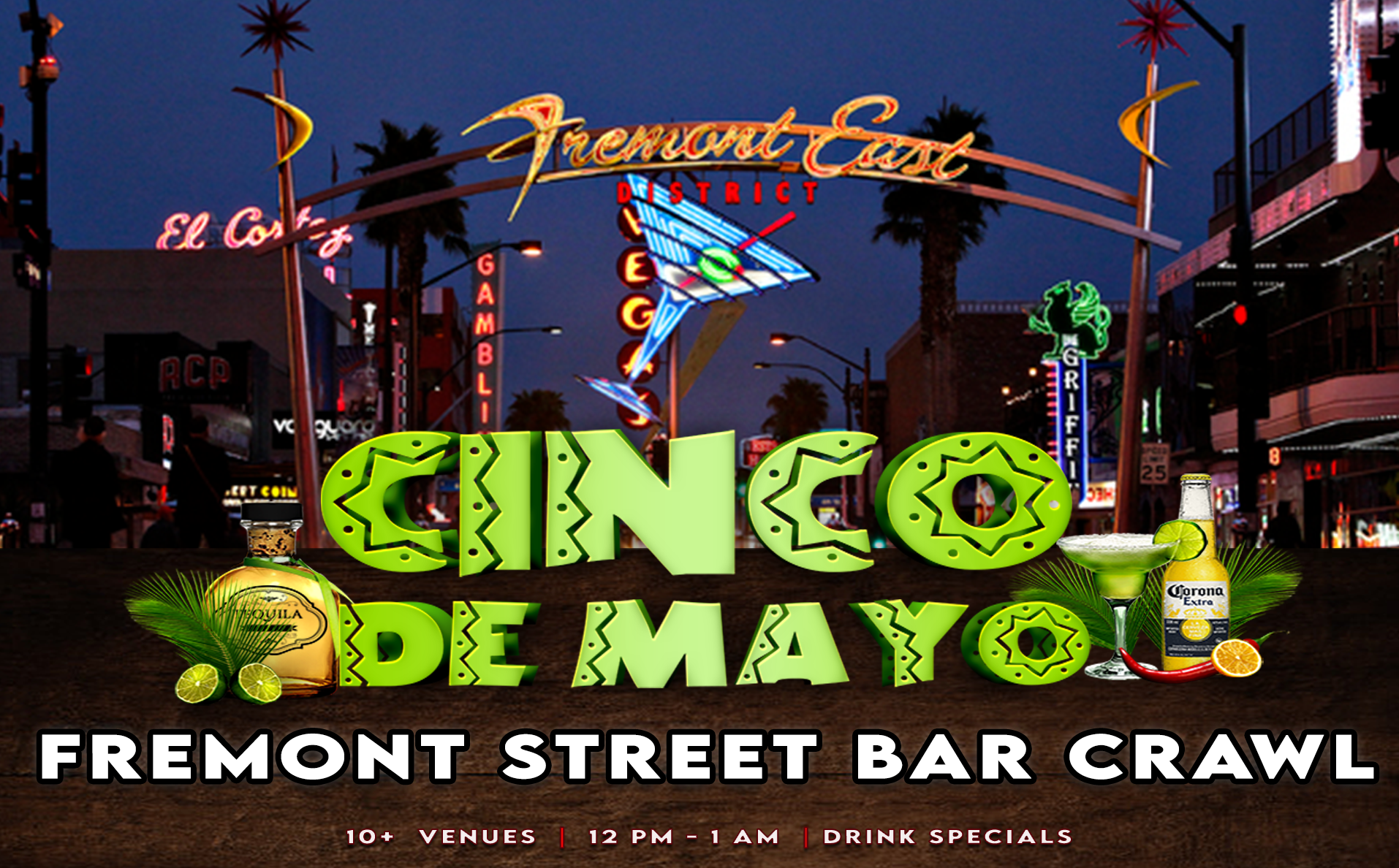 graphic image showcasing fremont street in downtown las vegas for our cinco de mayo bar crawl