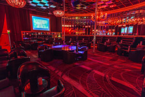 Inside view of Crazy Horse 3 in Las Vegas with red lighting