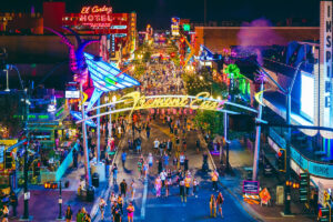 Party crowds on the Las Vegas fremont st during Labor Day weekend bar crawl