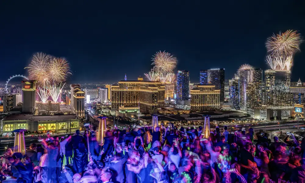 watching NYE Vegas Fireworks rooftop