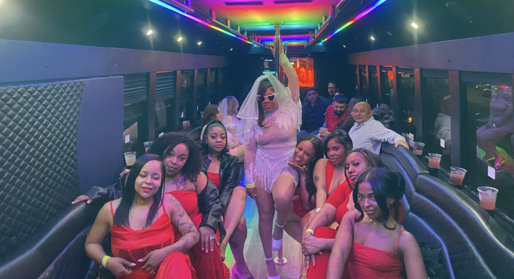 Bachelorette party on vegas bus with pole