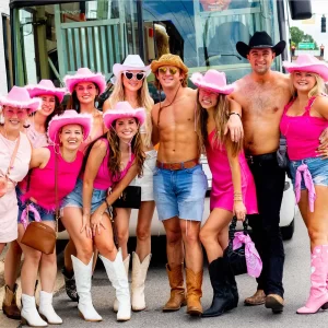Bachelorette party group in cowboy boots on Broadway Nashville